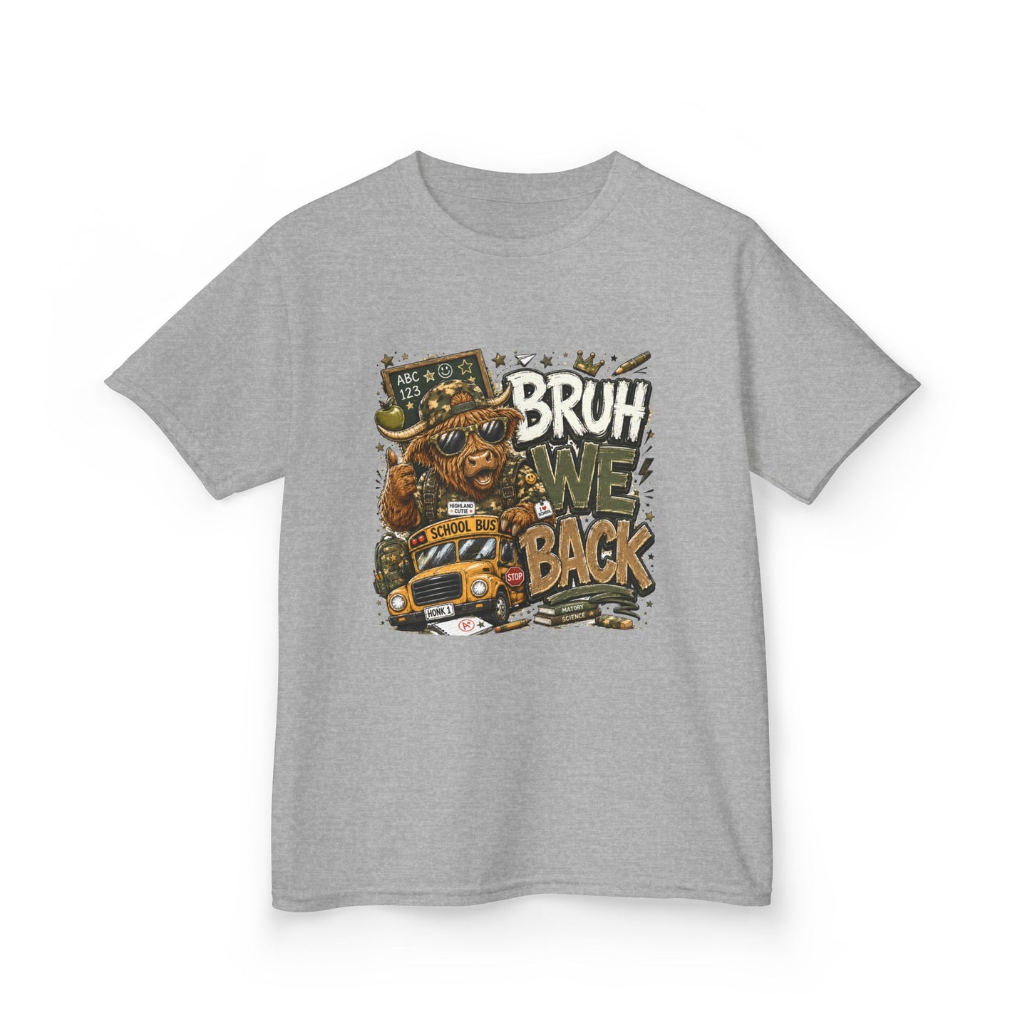 Kids Tee — 'Bruh We Back' Highland Cow Graphic