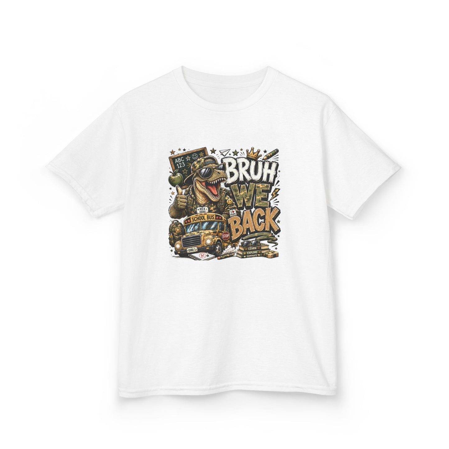 Kids Graphic Tee — "Bruh We Back" T- Rex Vintage Skate Dinosaur Crew Shirt