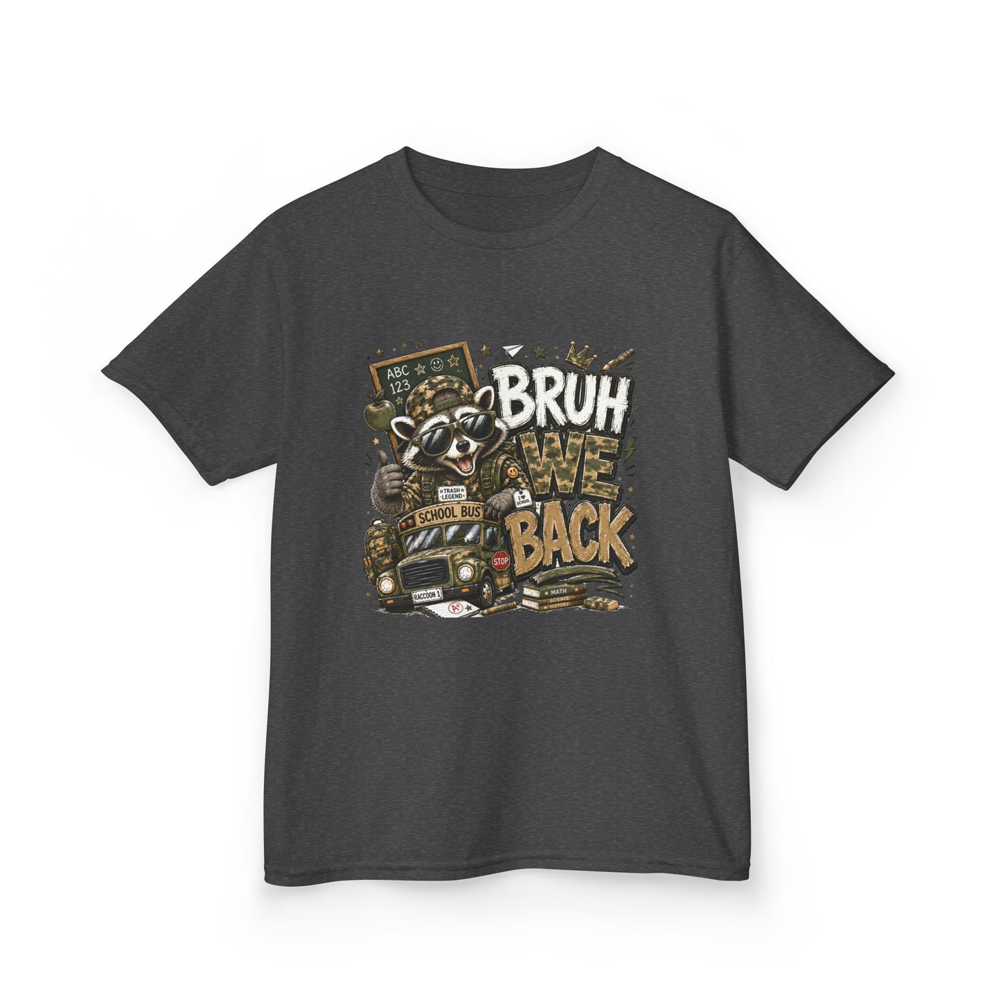Kids Tee — "Bruh We Back" Cartoon Raccoon School Bus Graphic