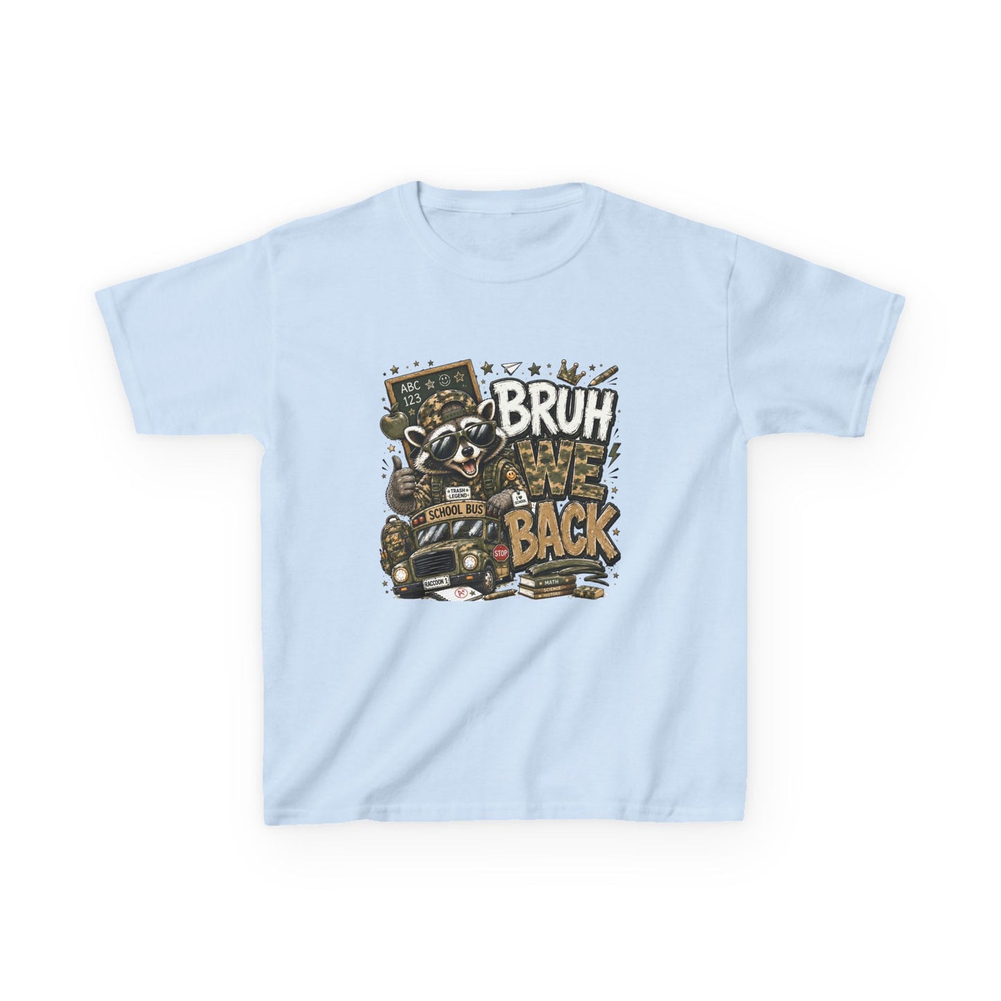Kids Tee — "Bruh We Back" Cartoon Raccoon School Bus Graphic
