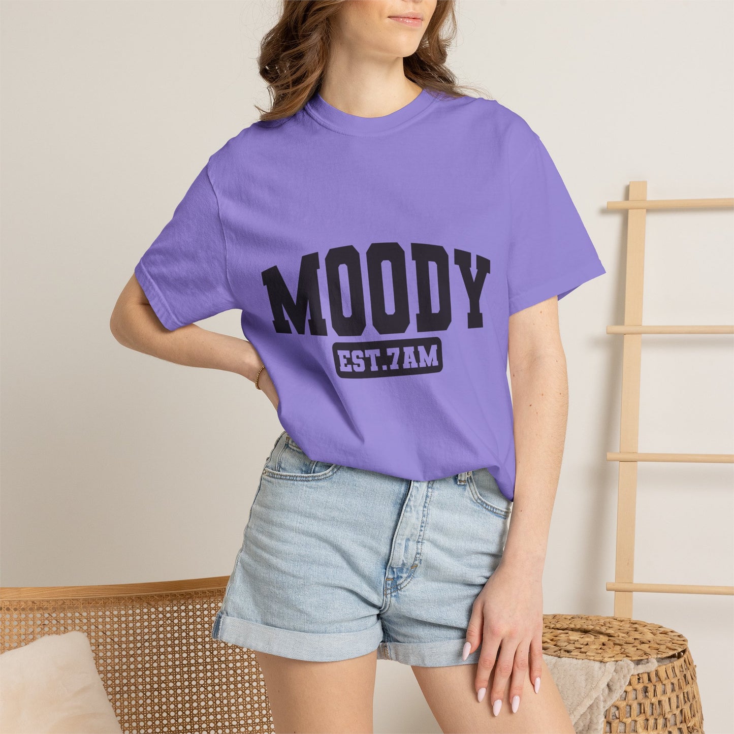Moody EST. 7AM T-Shirt — Casual Graphic Tee for Coffee Lovers & Night Owls