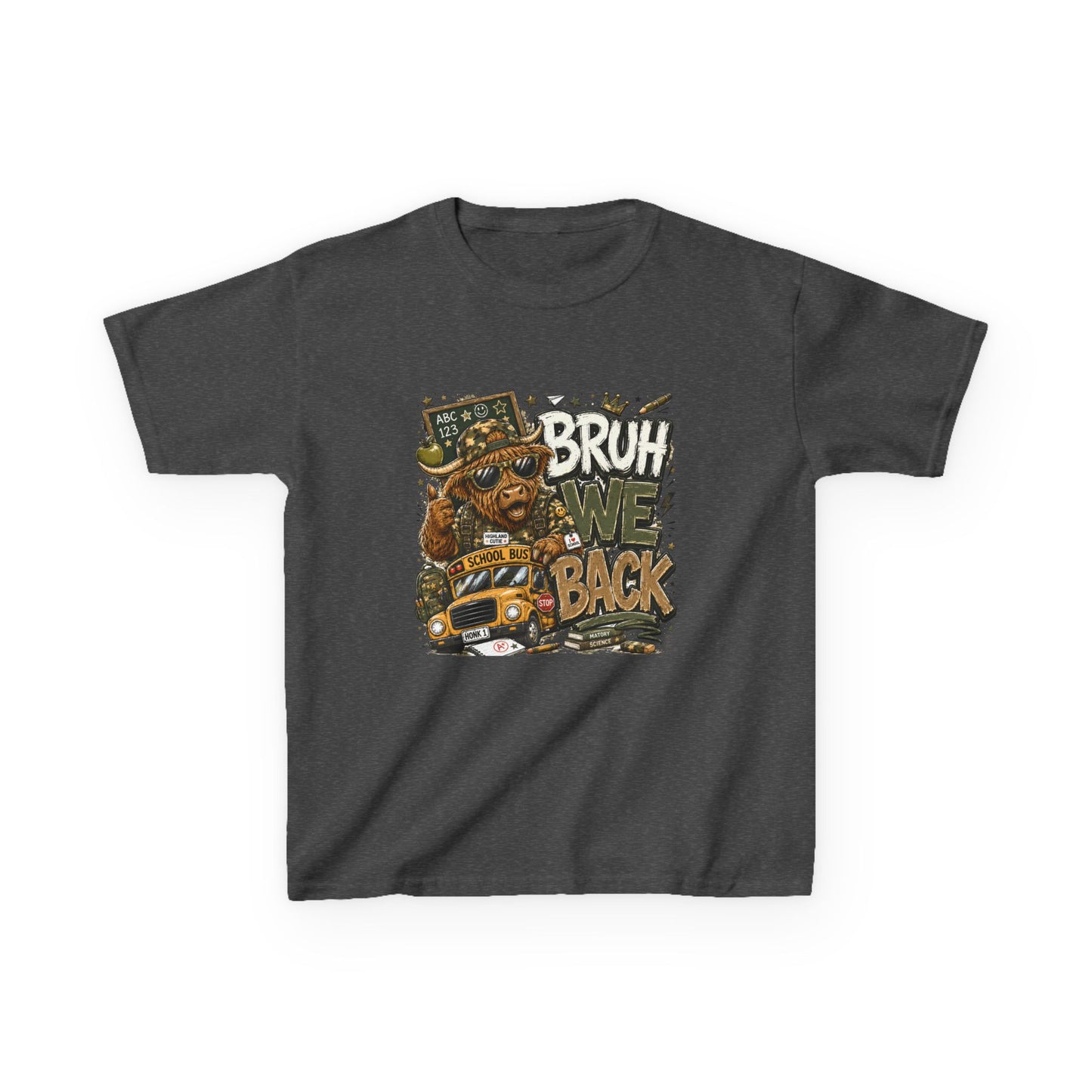 Kids Tee — 'Bruh We Back' Highland Cow Graphic